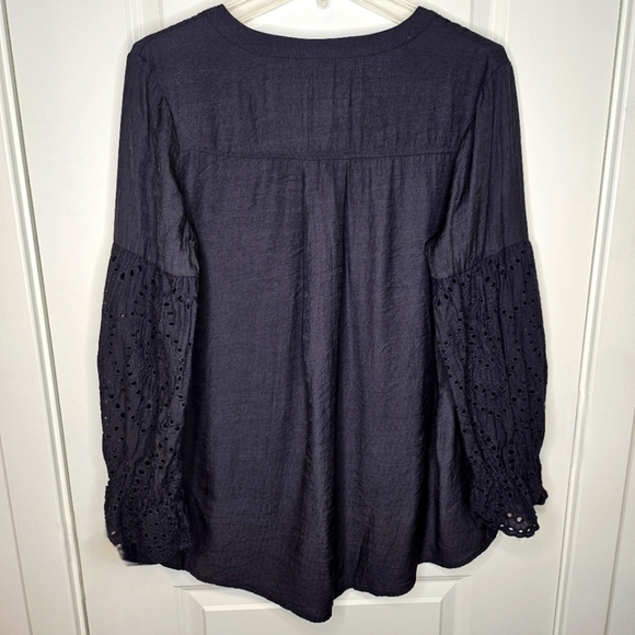 Y2K Ruffle Black Tuxedo Eyelet Long Puff Sleeve Hi-Low Button Up Tunic Blouse M - Picture 4 of 9
